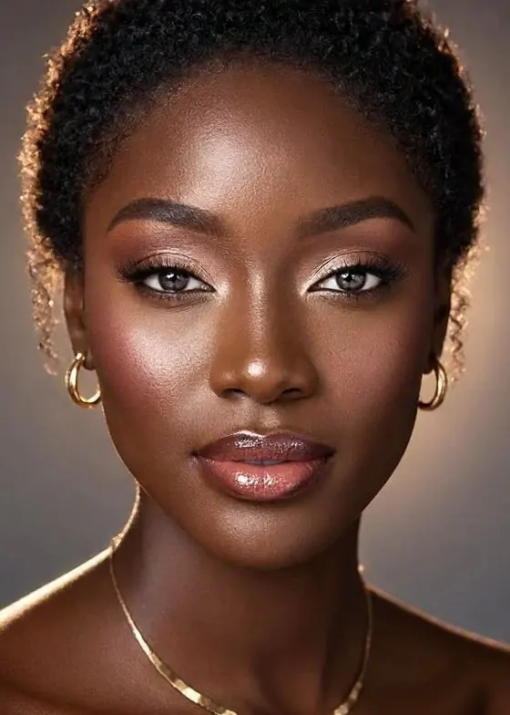 Luminous dewy portrait with gold hoops