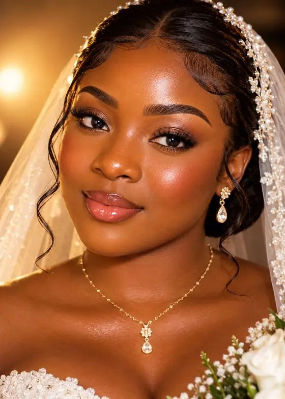 Bridal makeup with beaded veil and bouquet