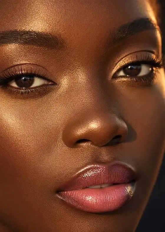 Golden hour dewy soft glam with rosy lips