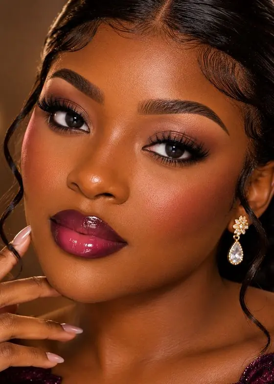 Neutral smoky eyes with berry glossy lips and drop earring